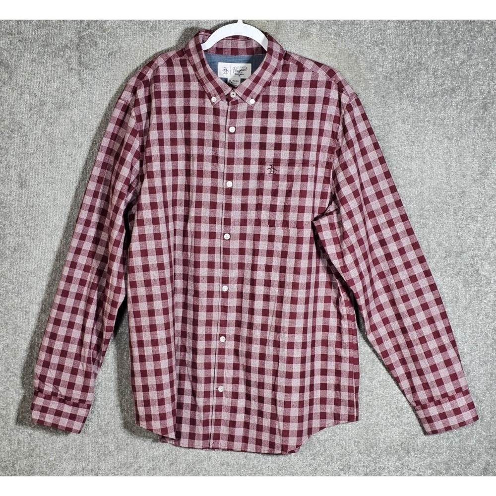 Penguin by Munsingwear Button Down Shirt Mens Size XL Burgundy‎ Gingham Pocket